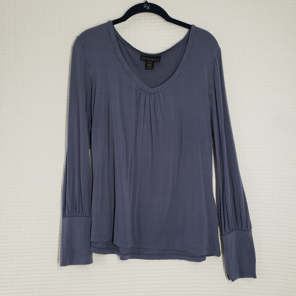 Vintage Attention V Neck Shirt Womens XL Gray Pleated Long Sleeve Office Y2K